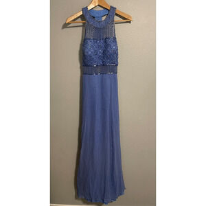 Precious Formals Gown Womens 10 Blue Silk Beaded Halter Maxi Prom Formal Evening